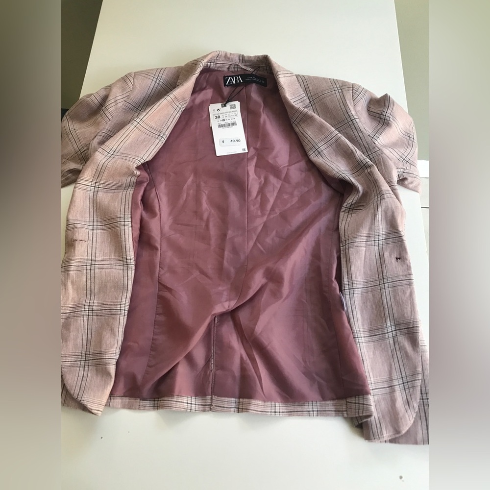 NWT! Zara Tailored Linen Blend Plaid Blazer In Dusty Pink Size: US 6 EUR 38 - Picture 12 of 15